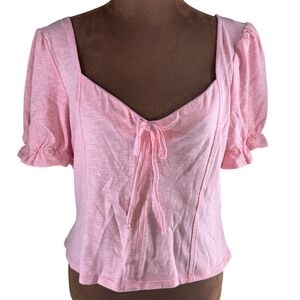 Kingston Grey Puff Sleeve Crop Top Women XL Pink Square Neck‎ Knit NWT Blouse